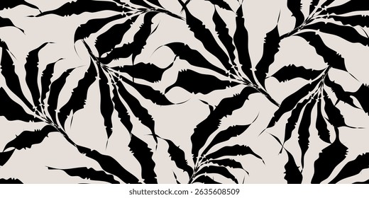 Seamless abstract Hawaiian art, hand-drawn bamboo branches, coconut foliage, and exotic florals. Black-accented botanical patterns for beach fashion fabric or tropical decor.