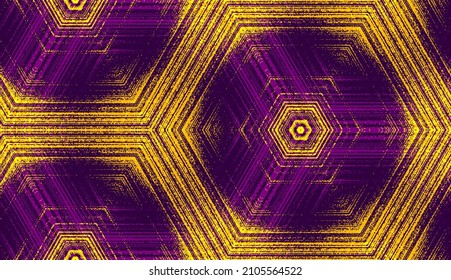Seamless abstract hexagonal textured pattern in violet and yellow colors. Symmetric geometric ornament for digital paper, textile printing, wallpaper background design. Vector illustration.