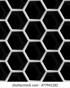 Seamless abstract honeycomb mesh background - hexagons. Color grey with shadows.