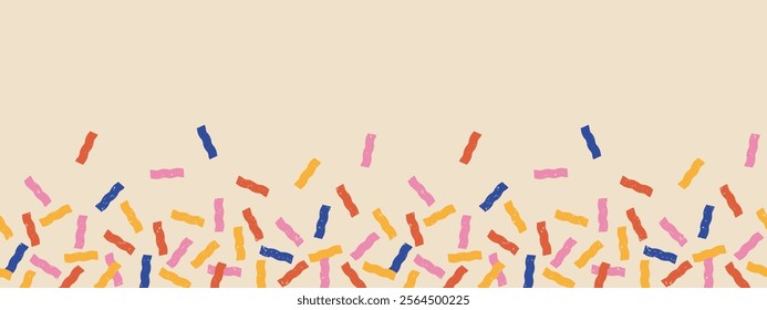 Seamless abstract horizontal pattern, background of colorful confetti falling from top to bottom, wavy stripes on light background with chalk texture, flat style illustration, copy space