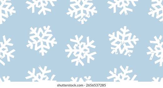 Seamless abstract horizontal winter Christmas pattern of big paper snowflakes on blue background, chalk texture; simple hand drawn cute vector illustration, flat style