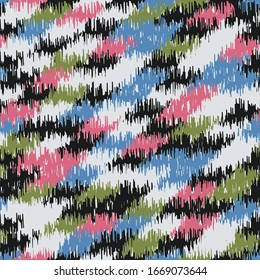 Seamless abstract ikat pattern with colorful strokes.
