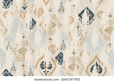Seamless abstract ikat pattern with floral and damask-inspired motifs in soft tones, traditional ethnic fabric design for embroidery, clothing decoration, textile illustration and surface texture.