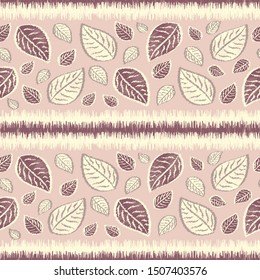 Seamless abstract ikat pattern with image of leaves.
