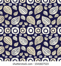 Seamless abstract ikat pattern with image of leaves.
