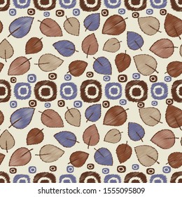 Seamless abstract ikat pattern with image of leaves.
