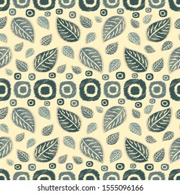 Seamless abstract ikat pattern with image of leaves.
