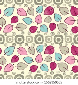 Seamless abstract ikat pattern with image of leaves.
