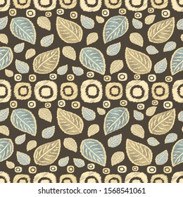 Seamless abstract ikat pattern with image of leaves.
