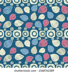 Seamless abstract ikat pattern with image of leaves.
