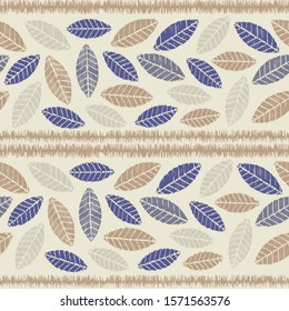 Seamless abstract ikat pattern with image of leaves.
