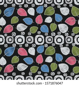 Seamless abstract ikat pattern with image of leaves.
