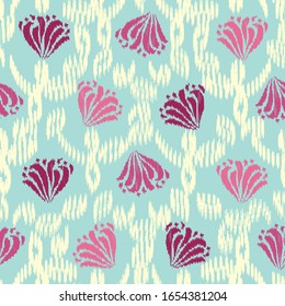 Patrón abstracto de ikat sin inconvenientes con la imagen de adorno floral.
