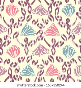 Patrón abstracto de ikat sin inconvenientes con la imagen de adorno floral.
