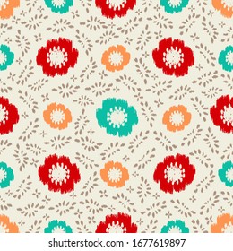 Patrón abstracto de ikat sin inconvenientes con la imagen de adorno floral.
