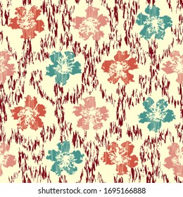 Patrón abstracto de ikat sin inconvenientes con la imagen de adorno floral.
