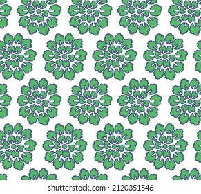 Seamless abstract ikat pattern with the image of floral ornament.Floral seamless green pattern can be used for wallpaper, website background, textile printing.Flower theme. summer winter collection.