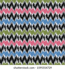 Seamless abstract ikat pattern with multicolored stripes.
