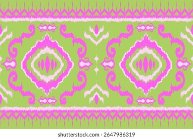 Seamless abstract ikat pattern with vibrant pink motifs on a lime green background. This traditional textile design features a modern, eye-catching bohemian aesthetic, for fabric, print, background.