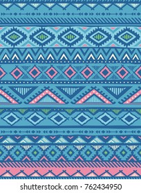 Seamless abstract illustration with ethnic Aztec and tribal, folk ornament or texture. Background with set geometric form. Pattern for textiles or Wallpaper. Blue color. Vector. 