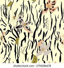 Seamless abstract illustration. Tiger pattern, flowers, leaves interior, preparation for designers, florists