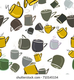 Seamless abstract illustrations of coffee cup, conceptual. Good for design background. Cartoon style vector graphic.