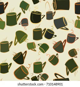 Seamless abstract illustrations of coffee cup, conceptual. Good for design background. Cartoon style vector graphic.