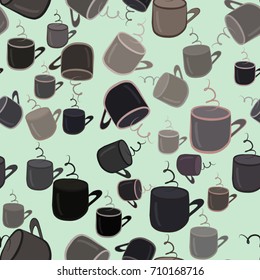 Seamless abstract illustrations of coffee cup, conceptual. Good for design background. Cartoon style vector graphic.