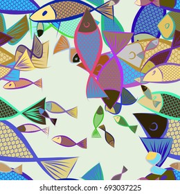 Seamless abstract illustrations of fish, conceptual. Good for design background. Cartoon style vector graphic.