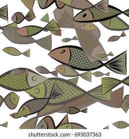 Seamless abstract illustrations of fish, conceptual. Good for design background. Cartoon style vector graphic.