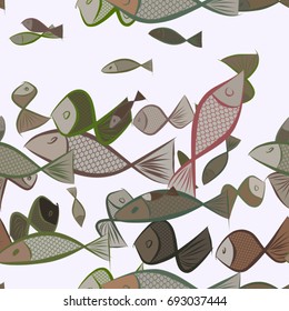 Seamless abstract illustrations of fish, conceptual. Good for design background. Cartoon style vector graphic.