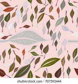 Seamless abstract illustrations of leaves, conceptual. Good for design background. Cartoon style vector graphic.