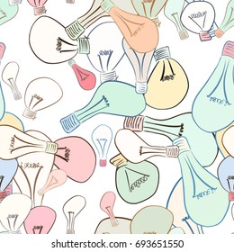 Seamless abstract illustrations of light bulb, conceptual. Good for design background. Cartoon style vector graphic.