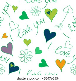 Seamless abstract image in green and yellow colors. Vector seamless pattern hand painted hearts, flower and I love you text on a white background.