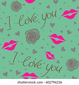 Seamless abstract image in magenta, green and gray colors. Vector seamless pattern hand painted hearts, rose flower, letter and love text.