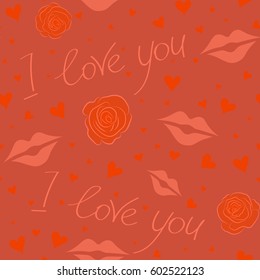 Seamless abstract image in orange colors. Vector seamless pattern hand painted hearts, rose flower, letter and love text.