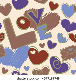Seamless abstract image. Vector seamless pattern hand painted hearts, letter and love text on a beige background.