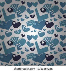Seamless abstract image in white and blue colors. Vector seamless pattern hand painted hearts, letter and love text.