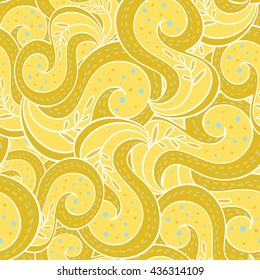 Seamless abstract indian hand-drawn pattern. Gold colors. Paisley background. 