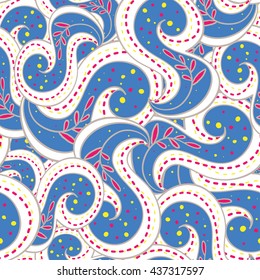 Seamless abstract indian hand-drawn pattern. Pink and blue colors. Paisley background.