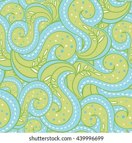 Seamless abstract indian hand-drawn pattern. Green and blue colors. Paisley background.