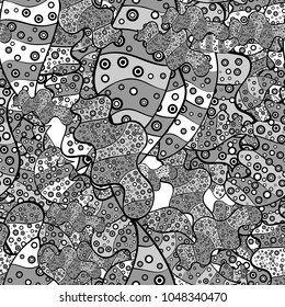 Seamless Abstract interesting background. Doodles pattern. Tender fabric pattern. Gray, black and white on colors. Vector.