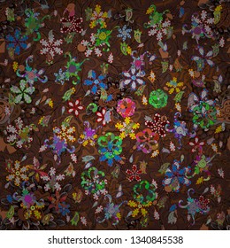 Seamless Abstract interesting background. Doodles pattern. Vector. Brown, black and green on colors. Tender fabric pattern.