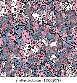 Seamless Abstract interesting background. Doodles pattern. Blue, pink and black on colors. Tender fabric pattern. Vector.