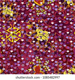 Seamless Abstract interesting background. Tender fabric pattern. Red, purple, black, violet and yellow on colors. Doodles pattern. Vector