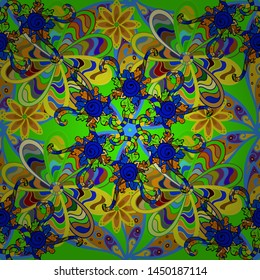 Seamless Abstract interesting background. Tender fabric pattern. Doodles pattern. Vector. Green, yellow and blue on colors.
