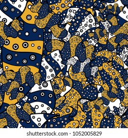 Seamless Abstract interesting background. Vector. Doodles pattern. Blue, black and yellow on colors. Tender fabric pattern.