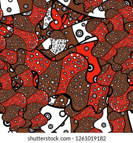 Seamless Abstract interesting background. Vector. Black, brown and red on colors. Doodles pattern. Tender fabric pattern.
