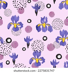 Seamless abstract iris pattern. Vector trendy floral print with lilac flowers and circles