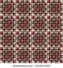 nahtlose Abstrakte unregelmäßige strukturierte Gitterprüfmuster. geometrisch geprüft Beige und hellrote Textur mit dunkelbraunem Hintergrund. einfaches, kreatives Scheck-Texturhintergrund für Textilien.